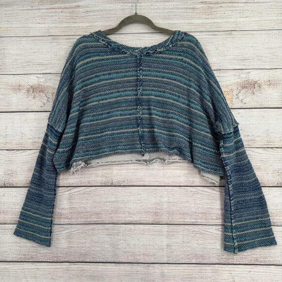 Free People Rough Knit Crop Oversized Sweater Womens Small Blue Green Gray - Picture 1 of 13